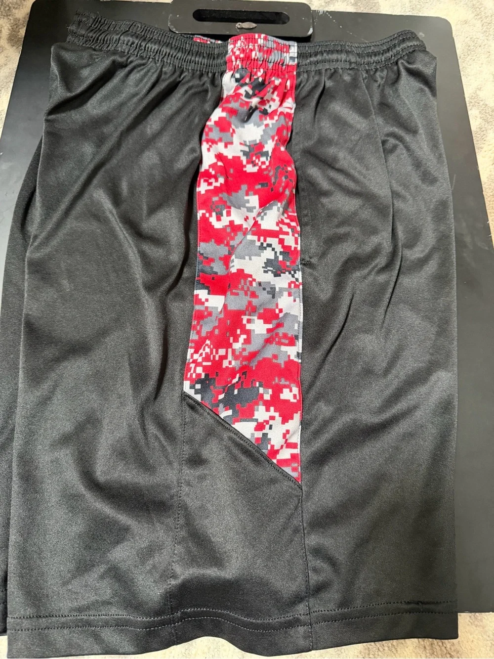 Elite Baseball Boys' Black Shorts with Red Digital Camo Side Panels